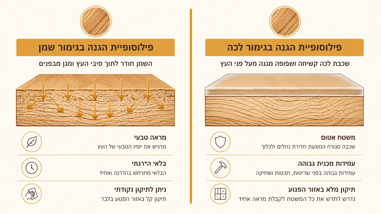 שתי פילוסופיות הגנה - גימור שמן חודר לעץ מול גימור לכה שאוטם את פני השטח