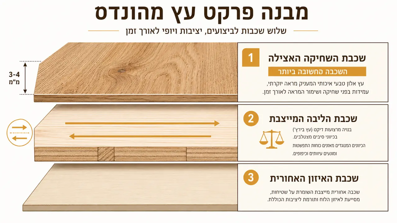 מבנה פרקט עץ שכבתי מהונדס המתאים לחימום תת-רצפתי